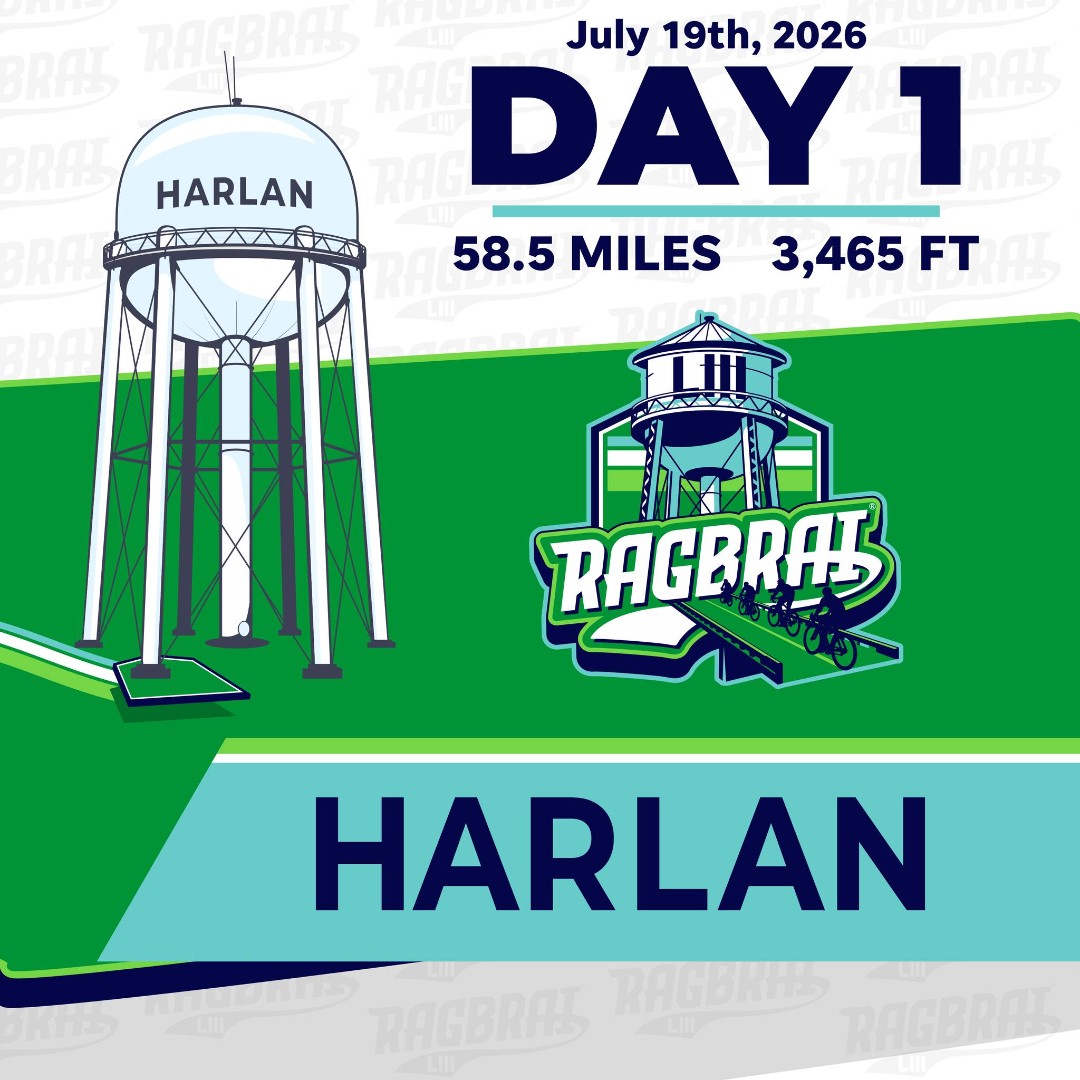 RAGBRAI LIII DAY 1 HARLAN 58.5 MILES 3,465 FT July 19th, 2026 with image of Harlan water tower